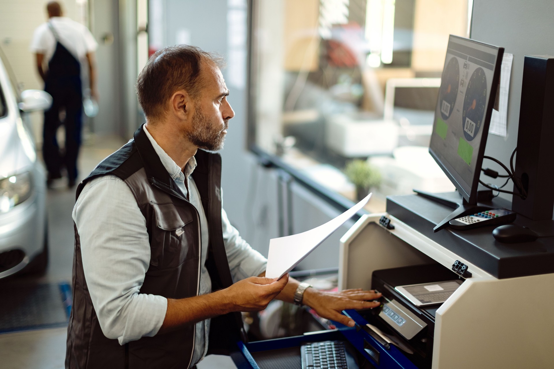 Auto mechanic using computer while analyzing car diagnostic at repair shop.